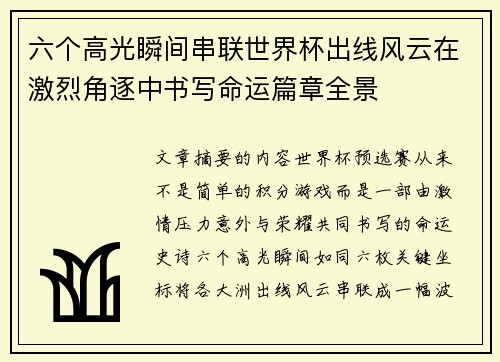 六个高光瞬间串联世界杯出线风云在激烈角逐中书写命运篇章全景